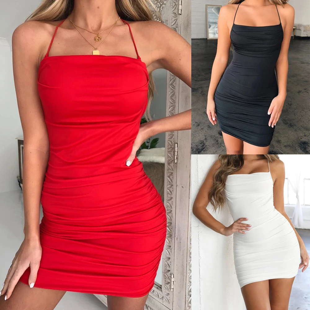 

Women Backless Solid Sling Dress 2020 Sexy Evening Cocktail Party Bodycon Red Dress Ladies Halter Slim Mini Dress