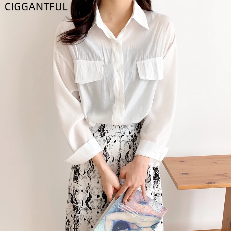 

Copper Ammonia Silk Blouse Women's White Spring Autumn New Korean Lapel Sun Protection Shirts Casual Button Up Long Sleeve Top