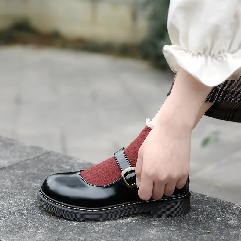 

Women Summer New Japanese Style Vintage Buckle Mary Janes Shoes Shallow Mouth Casual Student Leather Shoes Thick Bottom Black