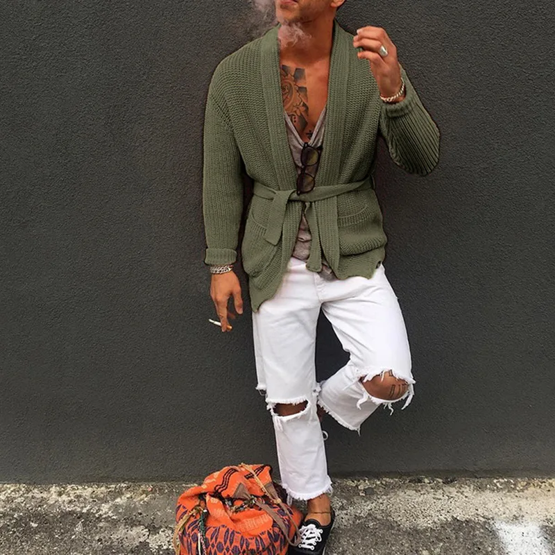 Мужской вязаный кардиган с длинным рукавом повседневное зеленое пальто средней