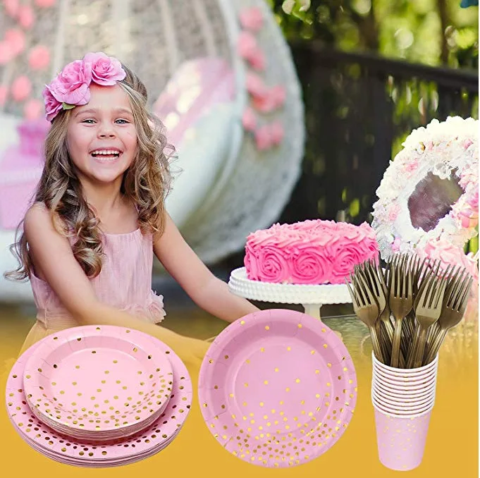 24sets Disposable Party Tableware Pink Gold Dot Paper Plate Fork Cutlery Set DIY Home Wedding Festive Supplies Decoration | Дом и сад