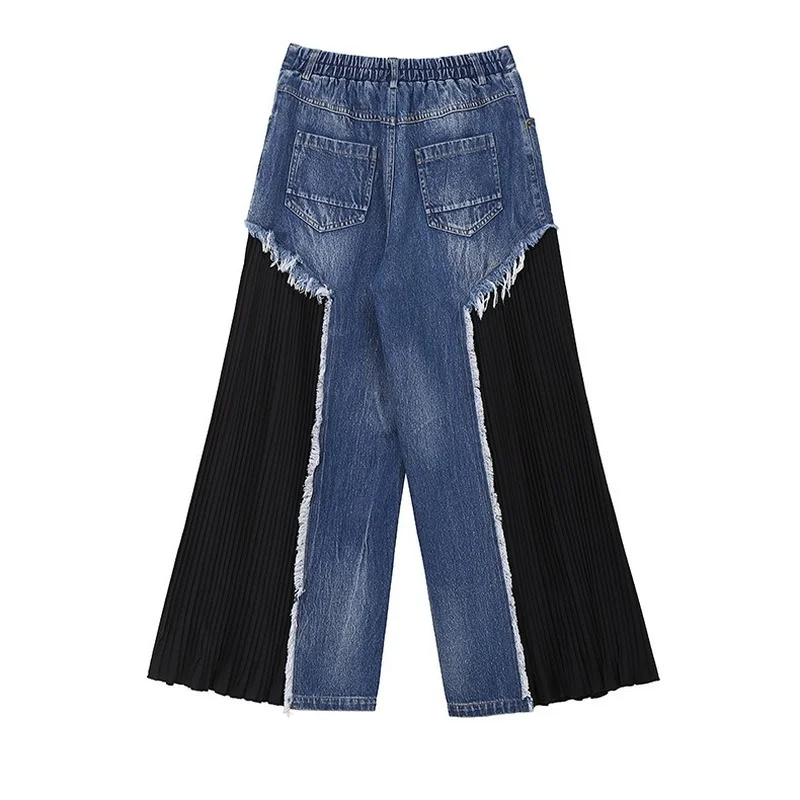 

Casual Patchwork Denim Pants for Women Summer New Fashion Design Loose All-match Pleated Stright Trousers Female 2021 Ins