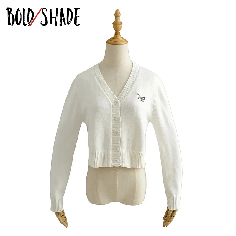 

Bold Shade Butterfly Embroidery Knitted V-Neck Button Single Cardigan Sweaters Women Grunge Street Style Indie Soft Cardigans