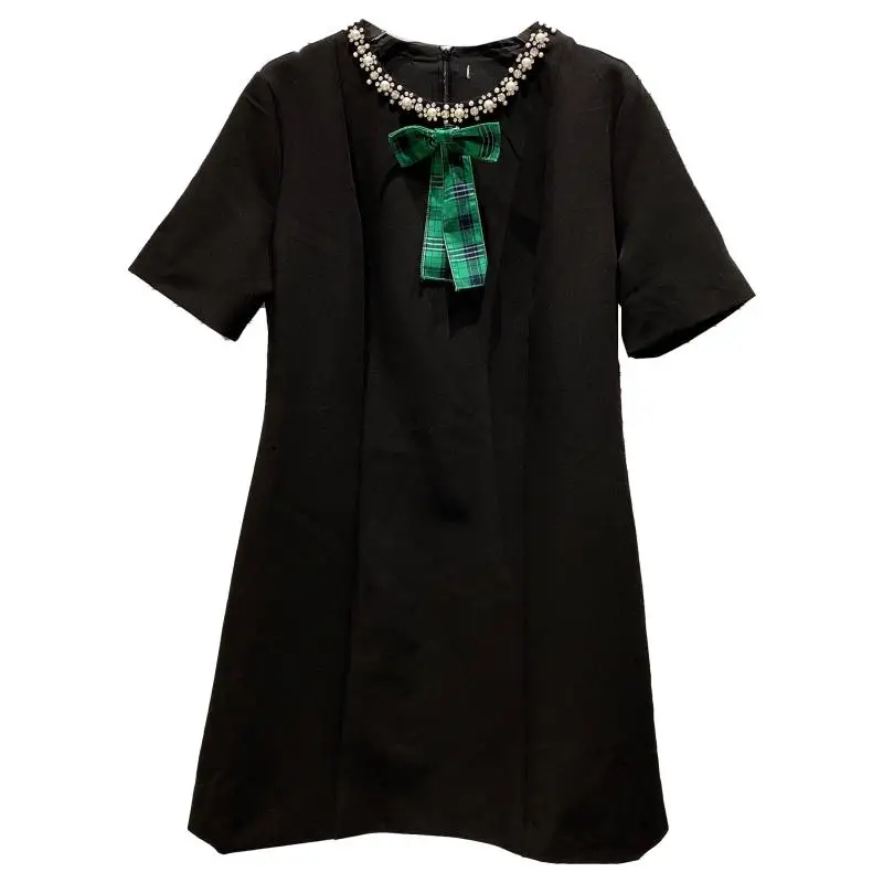 

Korean Fashion Summer Dress 2021 Women Elegant Bow O-neck Crystal Beading A-line Mini Dresses Vestidos De Mujer Casual