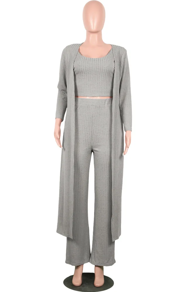 Женский трикотажный комплект из 3 предметов однотонный длинный кардиган в рубчик