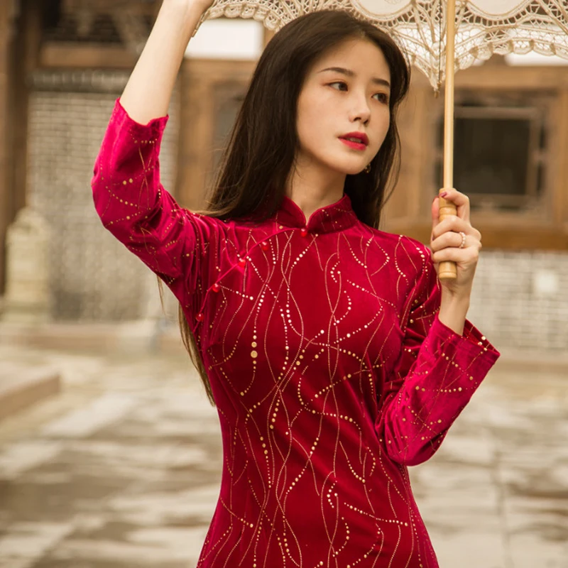 

New Velvet Retro Cheongsam Chinese Style Traditional Women Red Hanfu Classical Folk Dance Performance Stage Clothes DQL3248