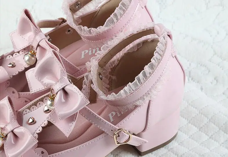 

Princess tea party sweet lolita shoes vintage round head thick heel women shoes cute lace bowknot kawaii shoes loli cosplay