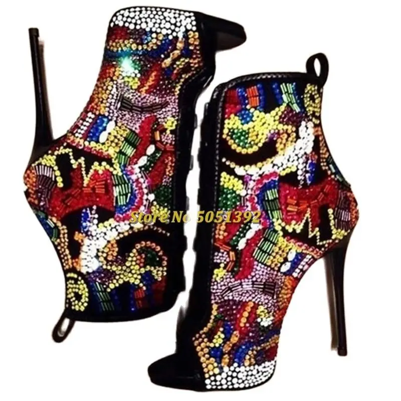 

Colorful Crystal Boots Peep Toe Lace Up Stiletto Ankle Booties Runway Party Shining Shoes Fall Winter Ladies Stylish Footwear