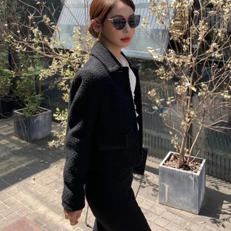 

[DEAT] Lapel Collar Solid Black Single Breasted High Waist Tweed Coat Gold Button Mall Goth High Street 2021 Spring GX691