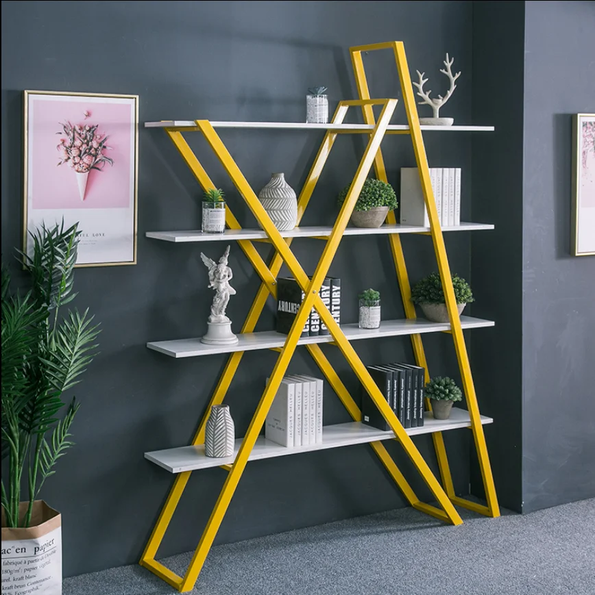 

Creative metal bookshelf wrought iron personality shelf geometric shape floor shelf