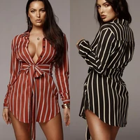 fashionable sexy womens with waist printed bowknot asymmetrical striped shirt dress