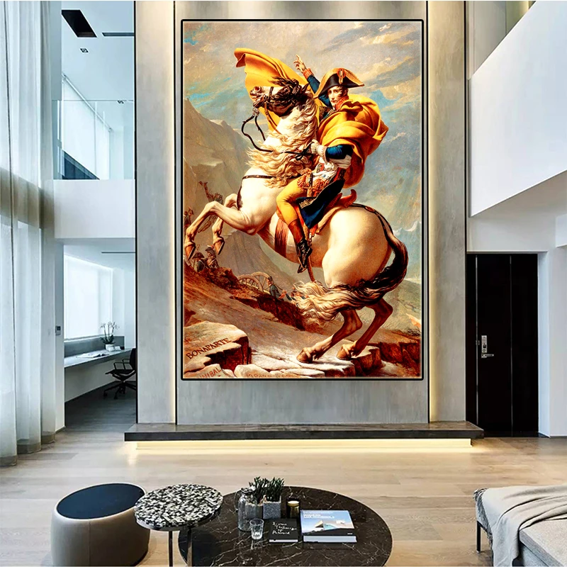 

Napoleon Across The Alps Art Oil Painting Classic Retro Figure Man Mountain Wall Poster for Living Decoration Canvas Paintings