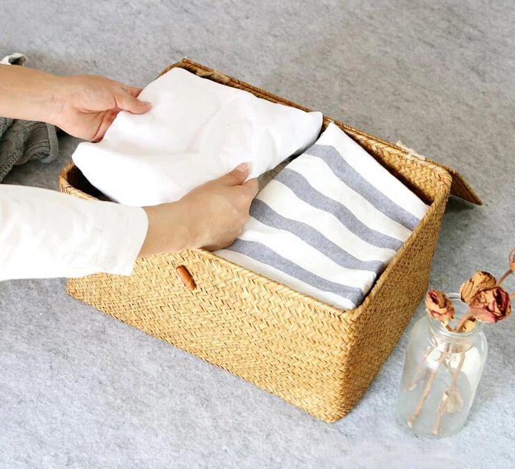 

Multi-sizes Handmade Seagrass Storage Box With Lid Rattan Woven Clothes Jewelry Box Makeup Food Storage Container Home Organizer