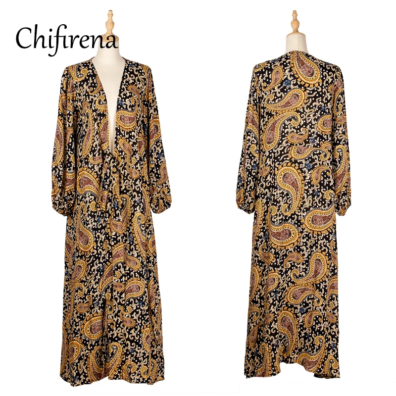 

Chifirena 2021 New Lantern Sleeve Maxi Dress Women V Neck Wrap Floral Print Long Dresses Belt Beach Boho Vacation Vestidos Femme