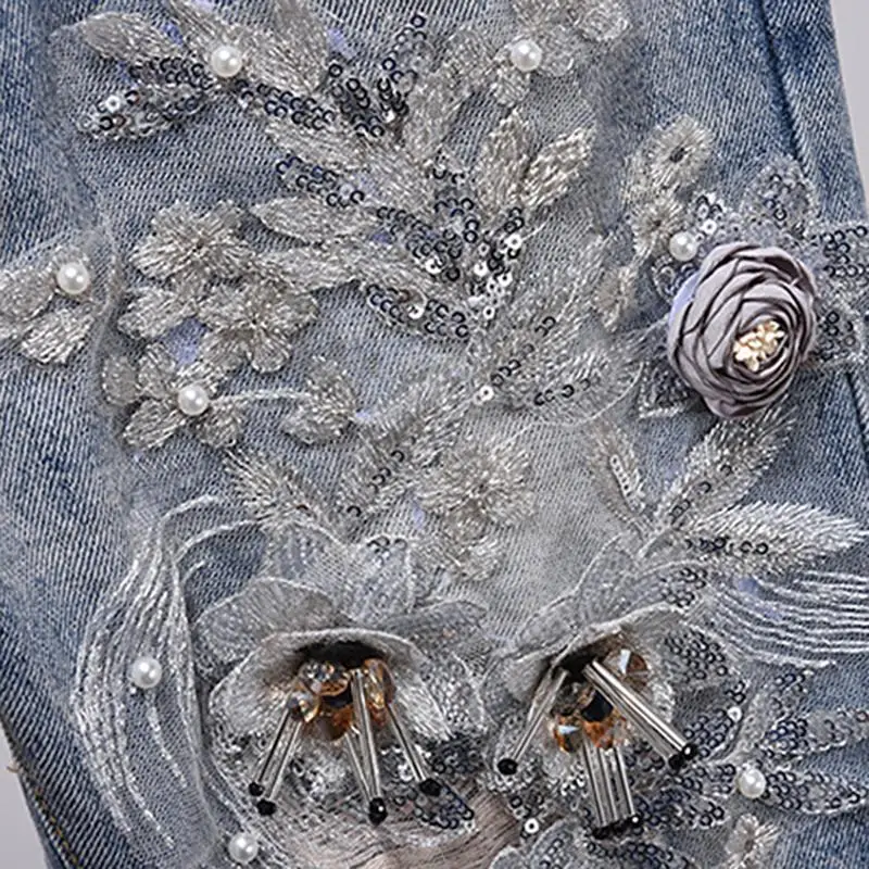Новый женский джинсовый костюм Denimsuit с вышитыми жемчужинами женские джинсы