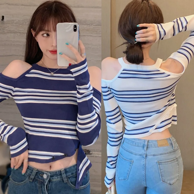 

Women Sexy Perfect Off-the-shoulder Sweater Fashionable Striped Color Matching Long-sleeved Short Sweater Autumn New