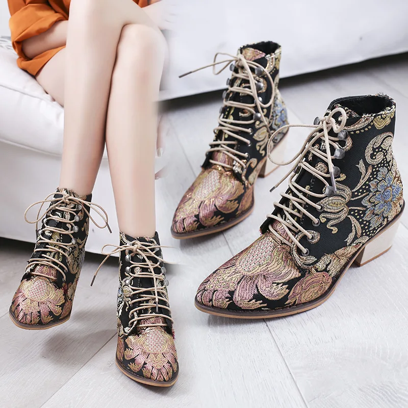 

2019 Autumn Winter Boots Women Shoes Med Heel Pointed Toe Platform Shoes Ankle Boots Vintage Satin Casual Booties for Ladies