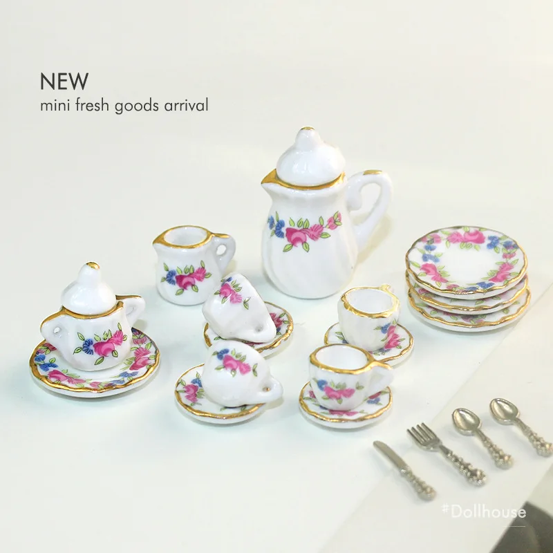 

15Pcs 1:12 for Dolls House Miniature Mugs Dish Cups Pot Set Direction Furniture Toys Coffee Tea Cups scene accessories