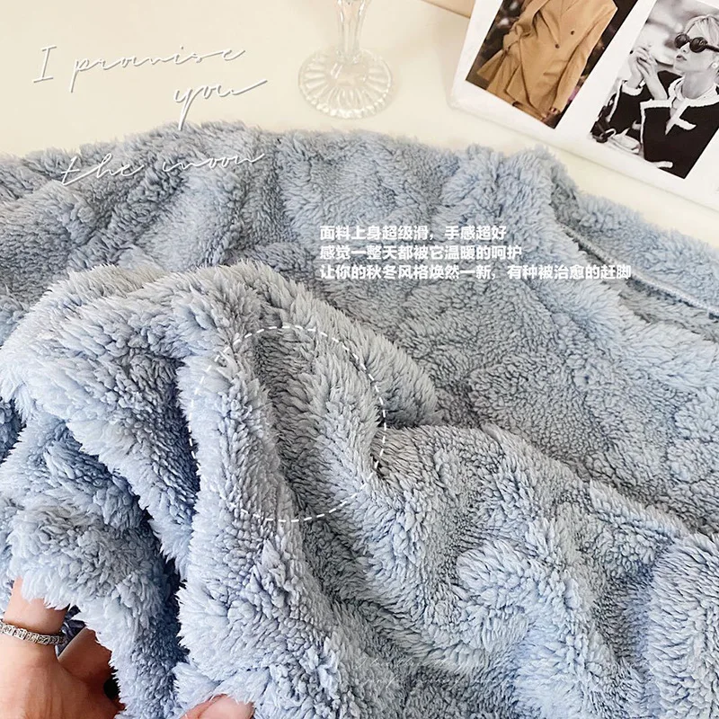 QWEEK Couple's Pajama Blue Gray Pink Warm Women's Pijamas Winter Coral Fleece Pyjamas Solid Color Round Neck Home Suit Nightwear