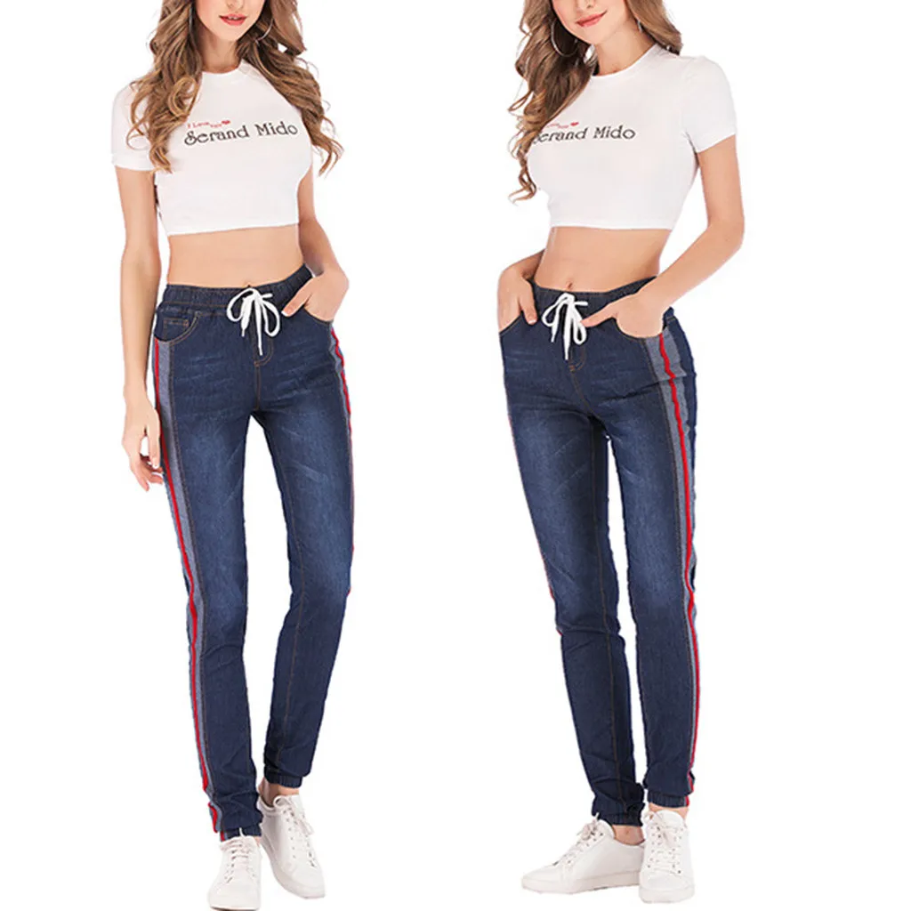 

2021 Newest Hot Women Large Size Elastic Plus Loose Denim Casual Drawstring Striped Skinny Legs Plus Cropped Jeans #spot
