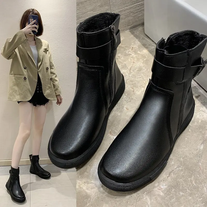 

Fashion Keep Warm Boots for Women Winter New Round Toe Side Zipper Martin Boot Woman Casual Mid Tube PU Leather Shoes
