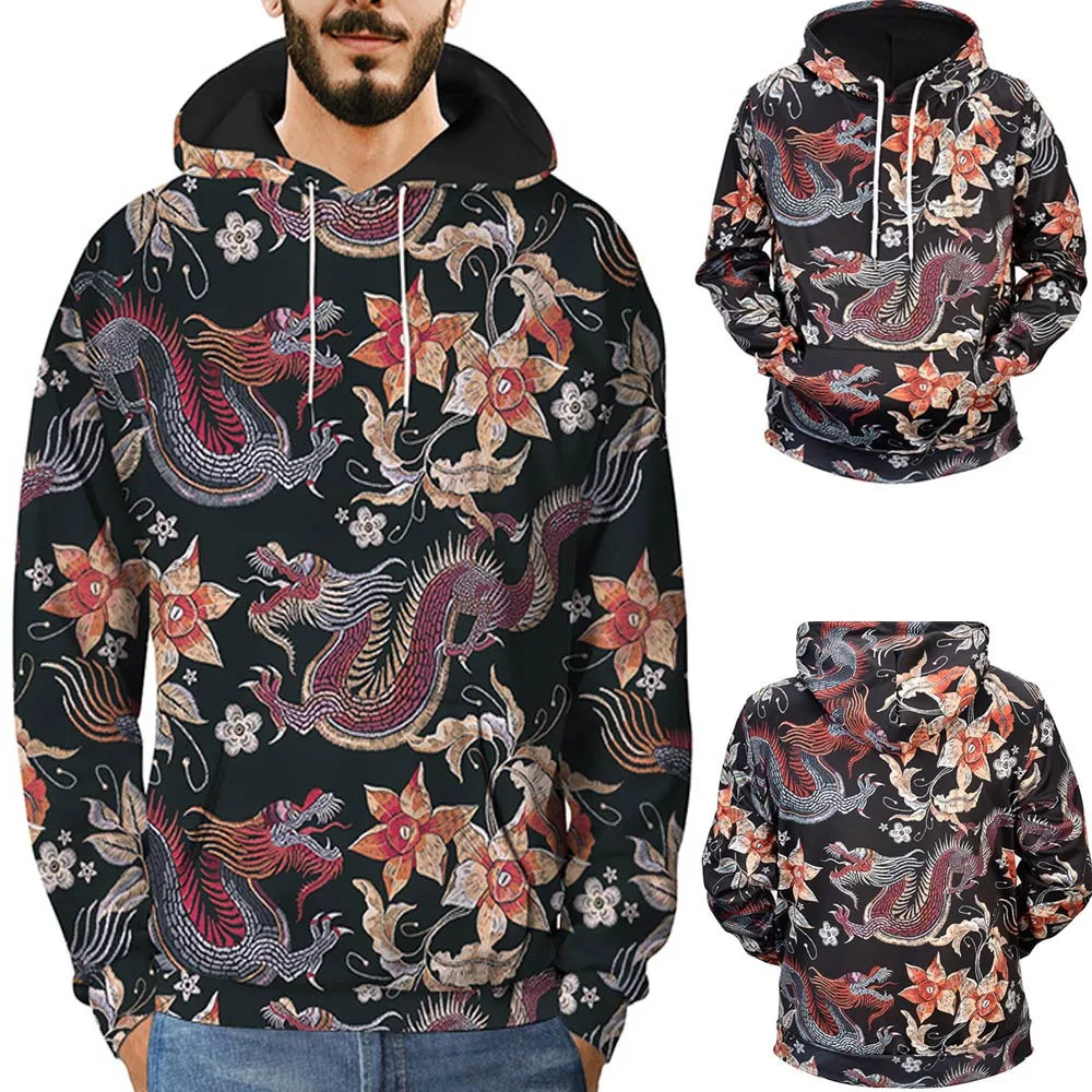 Мужской пуловер с 3D принтом дракона длинный рукав толстовка капюшоном топы