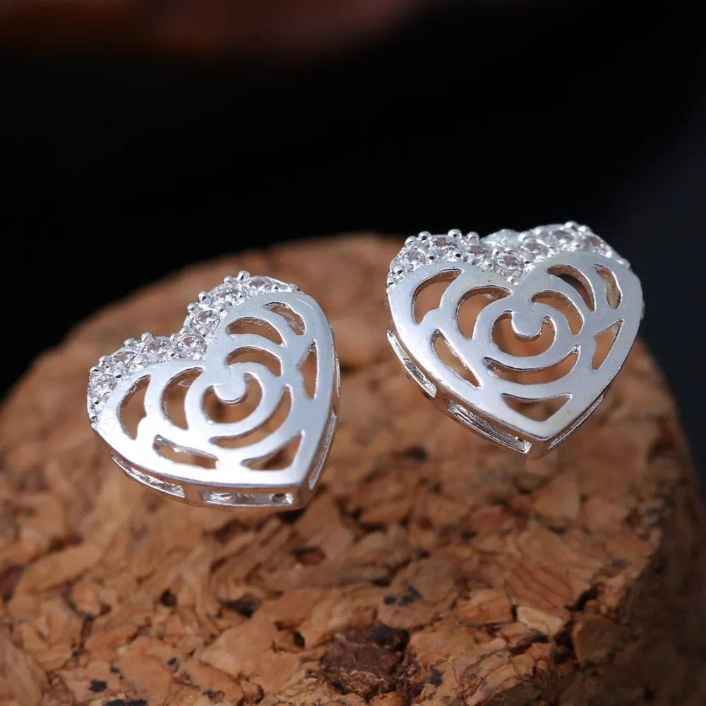 

New Silver Earrings Beautiful Temperament Female Love Rose Hollow Inlaid Zircon Earrings Jewelry