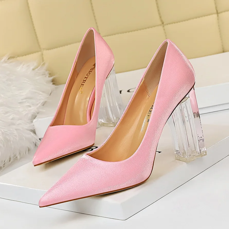 

New Pointed Toe Transparent Block High Heels Stain Yellow Pumps Escarpins Women Fall 2021 Spring Elegant Lady Office Party Shoes