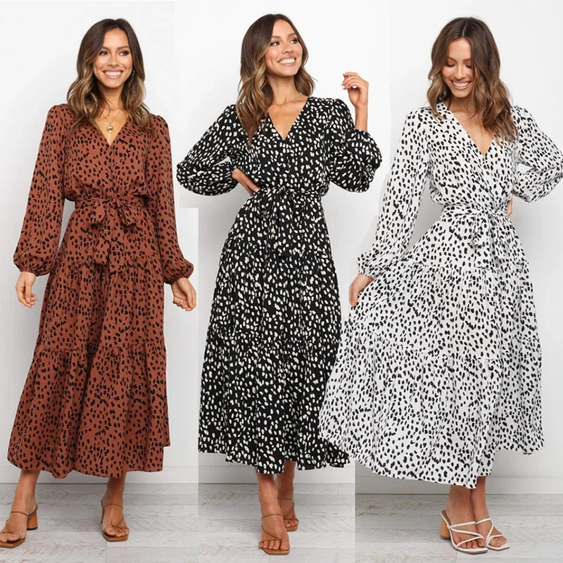 

Autumn/winter New Elegant Spot Print V-neck Long Sleeve Dress Explosive Style Belted Long Skirt Dress