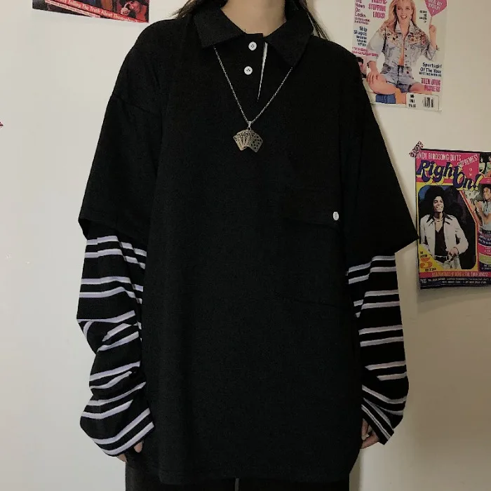 

QWEEK Korean Fashion Fake Two-piece T Shirt Striped Black Polo Shirt Women Harajuku Streetwear Long Sleeve Autumn Female Clothes