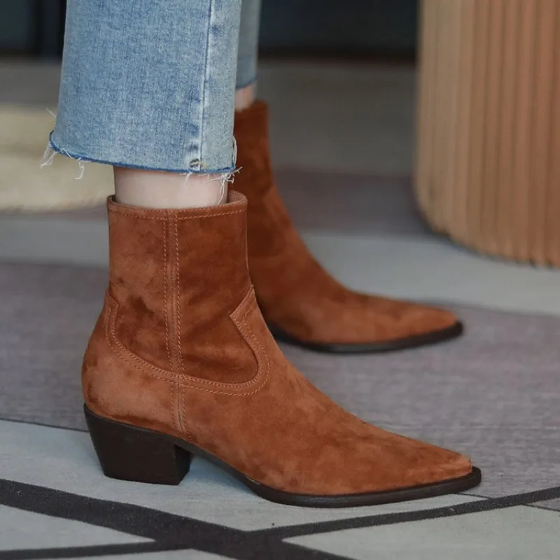 

Leather Boots Women Genuine Pointed Toe Mid Heel Ankle Boots Thick Square Heel Slip On Western Boots Cowboy Boots Women 2022 New