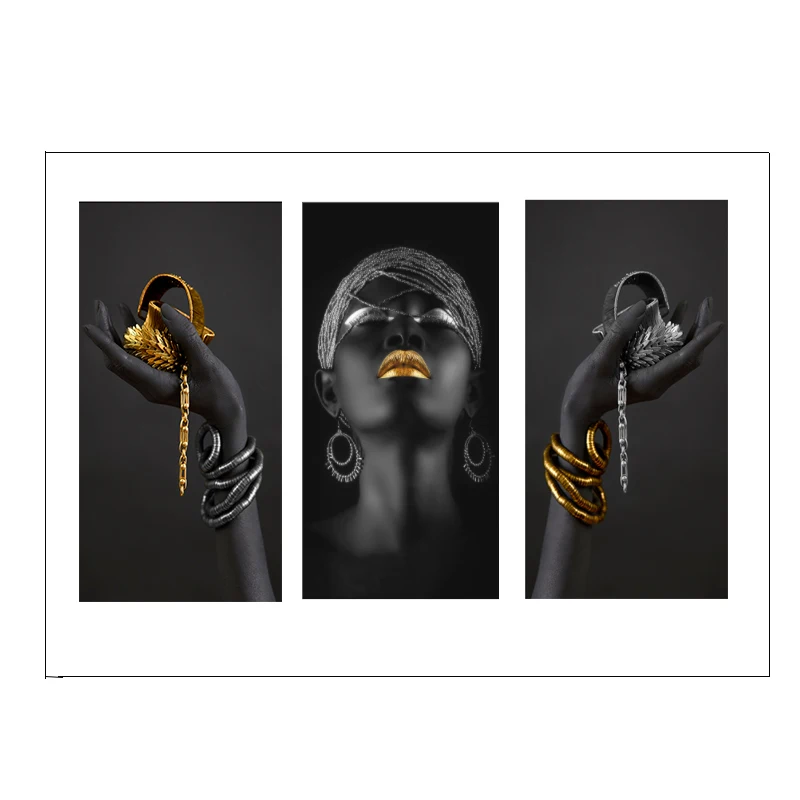

African big black woman holding gold and silver jewelry art canvas painting African woman on the wall prints and posters Cuadros