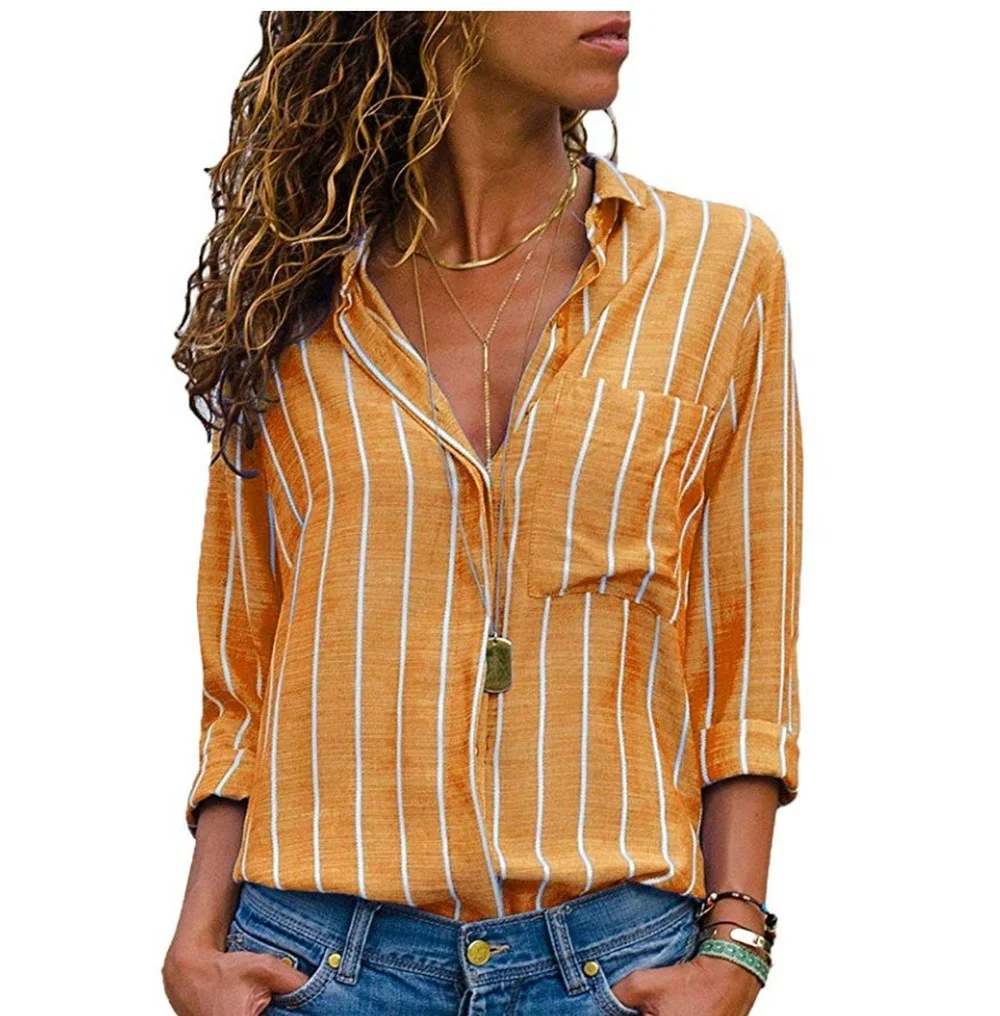

Donsignet Fashion Women's Blouse New Summer Casual Lapel Single-breasted Striped Pocket Long-sleeved Blouse Women Tops Blouse