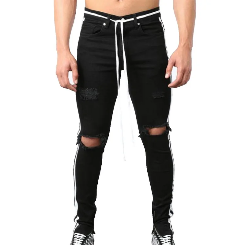 Мужские облегающие джинсы с дырками до колена в стиле хип хоп модные рваные