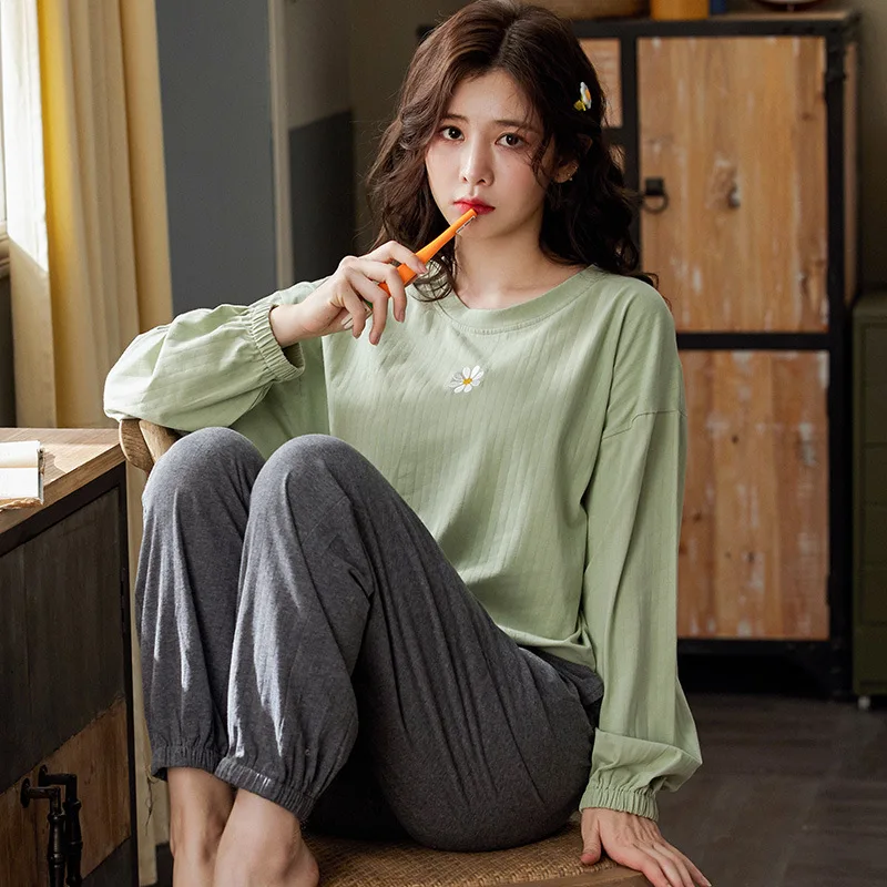 

Simple Long Sleeves Long Pants Pajamas Sets Floral Printed Female Pyjamas Soft Sweet Pijamas Autumn Sleepwear Casual Nighty