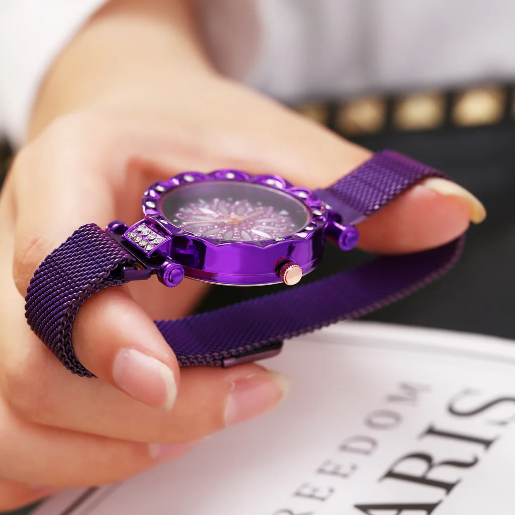 Женские серебряные часы магнитные с цветком удачи и бриллиантами женские креативные циферблатом роскошный