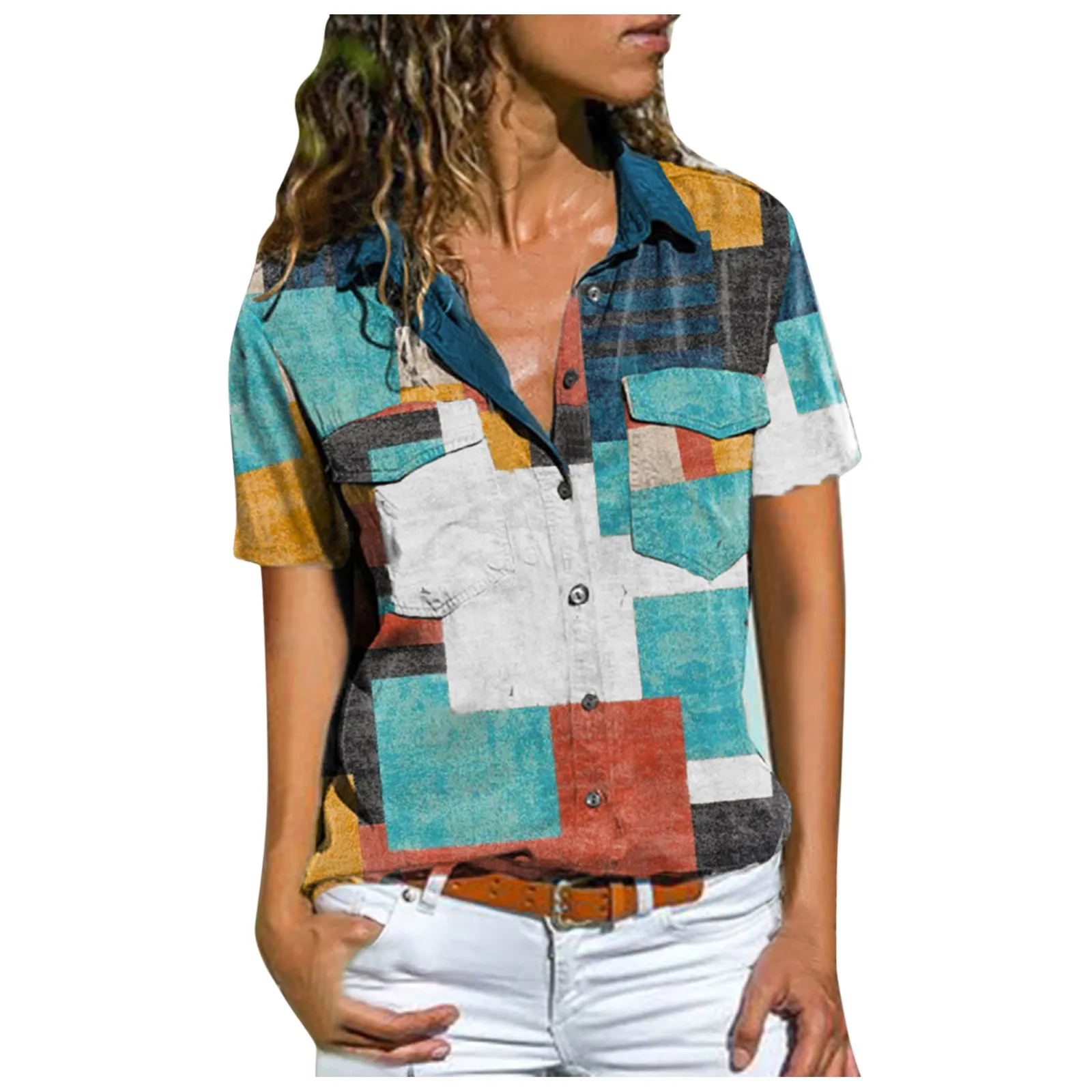 

Color Block Pattern T Shirt Women Lady Button Pocket Tshirt V-Neck Short Sleeve Shirt Tunics Office Ladies Tee Tops Camiseta
