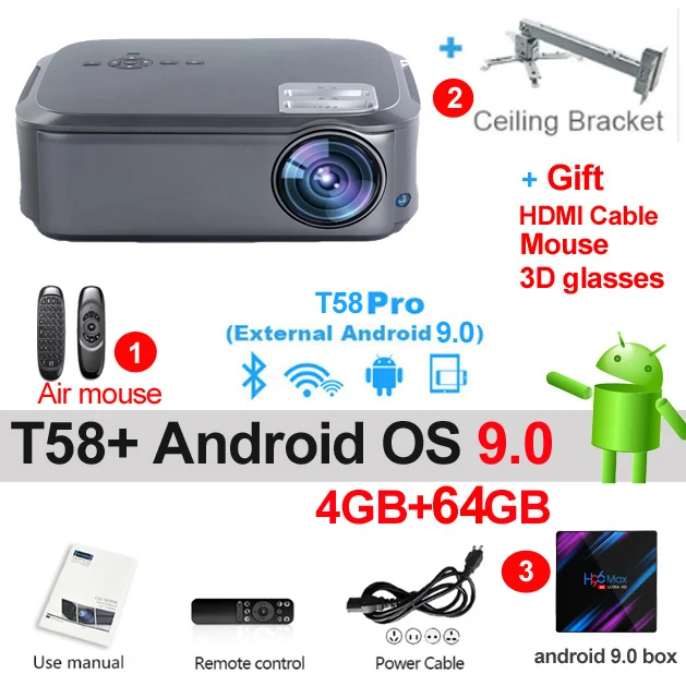 T58 Android 64GB add WZATCO Full HD 1080P проектор 200inchT58 Android 9,0 WiFi светодиодный проектор для домашнего кинотеатра HDMI PC видеоигры мобильный проектор - Цвет: T58 Android 64GB add