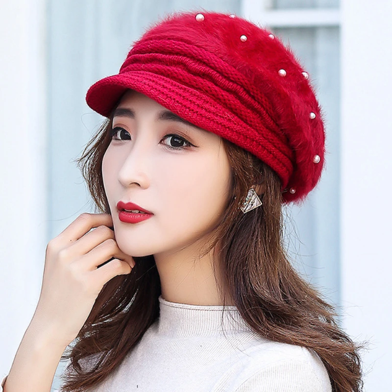 Береты новые модные зимние шляпы для женщин Толстая теплая шапка с кроличьим