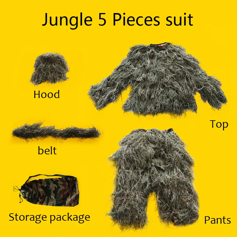 Военная камуфляжная охотничья одежда костюм Ghillie 5 шт. капюшон + ремень топ брюки