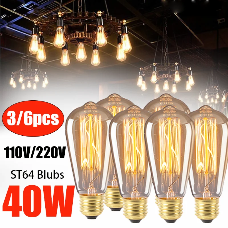 

6Pcs/Set Retro Edison Lights ST64 Bulb 110V/220V 40W Filament Incandescent Ampoule Bulbs E27 Vintage Edison Lamp For Home Decor