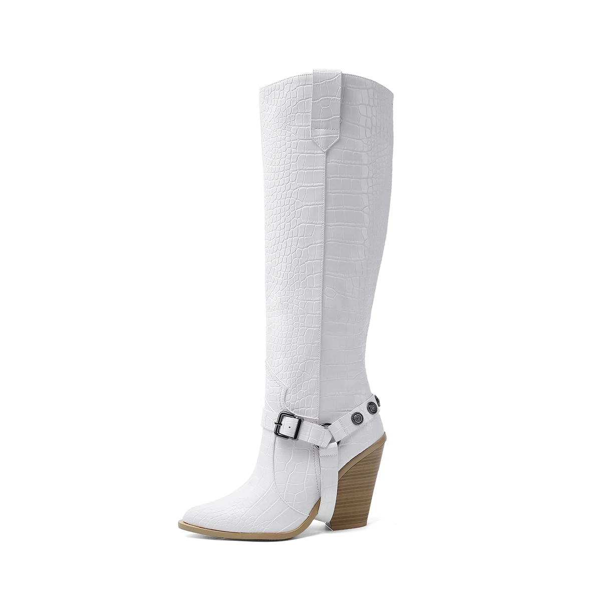 Женские сапоги с острым носком MORAZORA черные до колена на высоком каблуке пряжкой