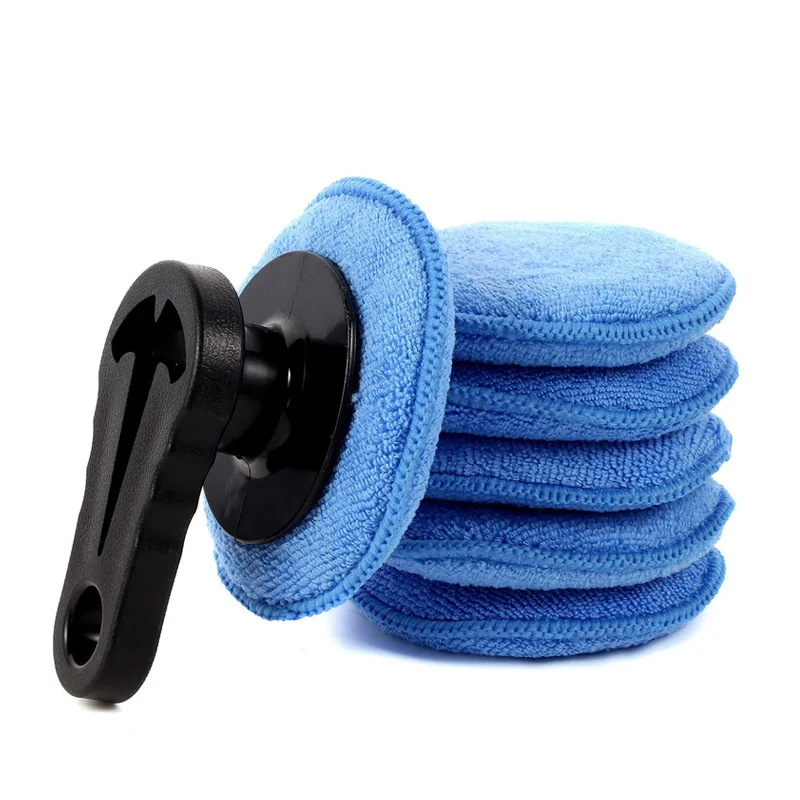 7 Pcs Car Wax Applicator Polish Pad With Grip Handle Soft Microfiber 5inch Round Polishing Foam Waxing Sponge Car Cleaning Tool