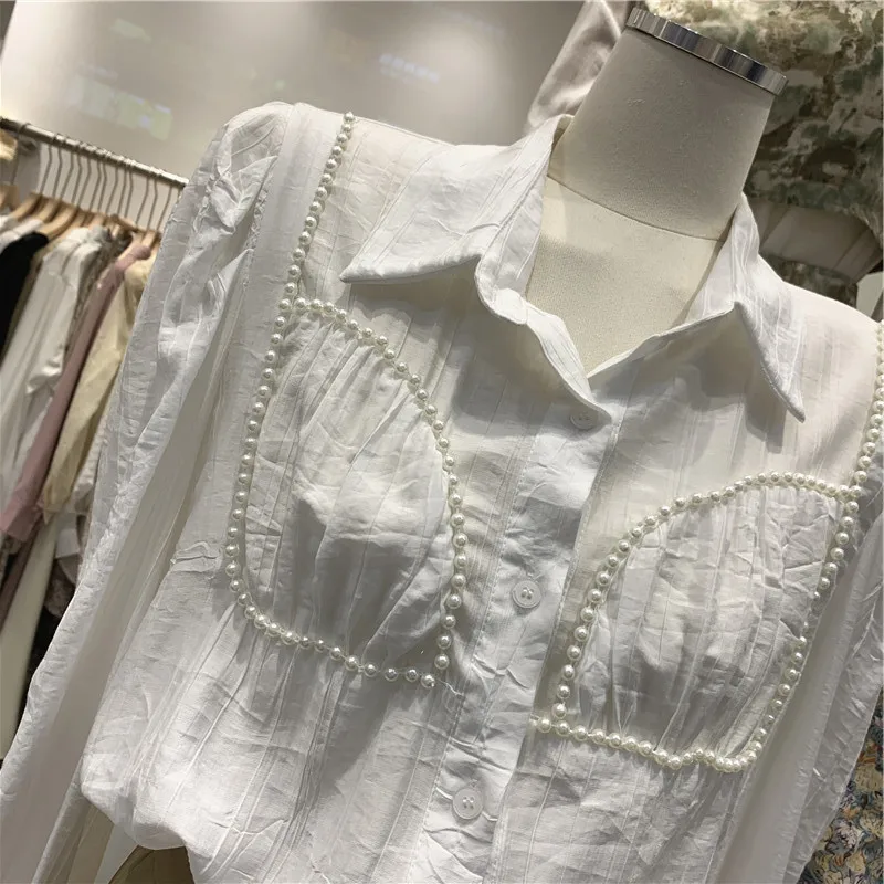 

Women Shirt Full Sleeve Patchwork Beaded Designed Loose Wild Office Lady 2021 New Summer Fashion