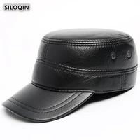 siloqin mens flat cap genuine leather hat autumn winter sheepskin warm military hats adjustable size with ears new brands caps