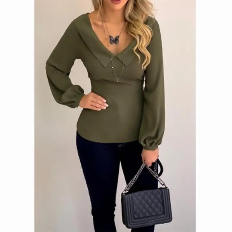 

Blouse Long Sleeve Leisure Blouse Double V-Neck Women Tops And Blouse Solid Office Shirt Lady Blouse Shirt Blusas Camisa SJ4372X