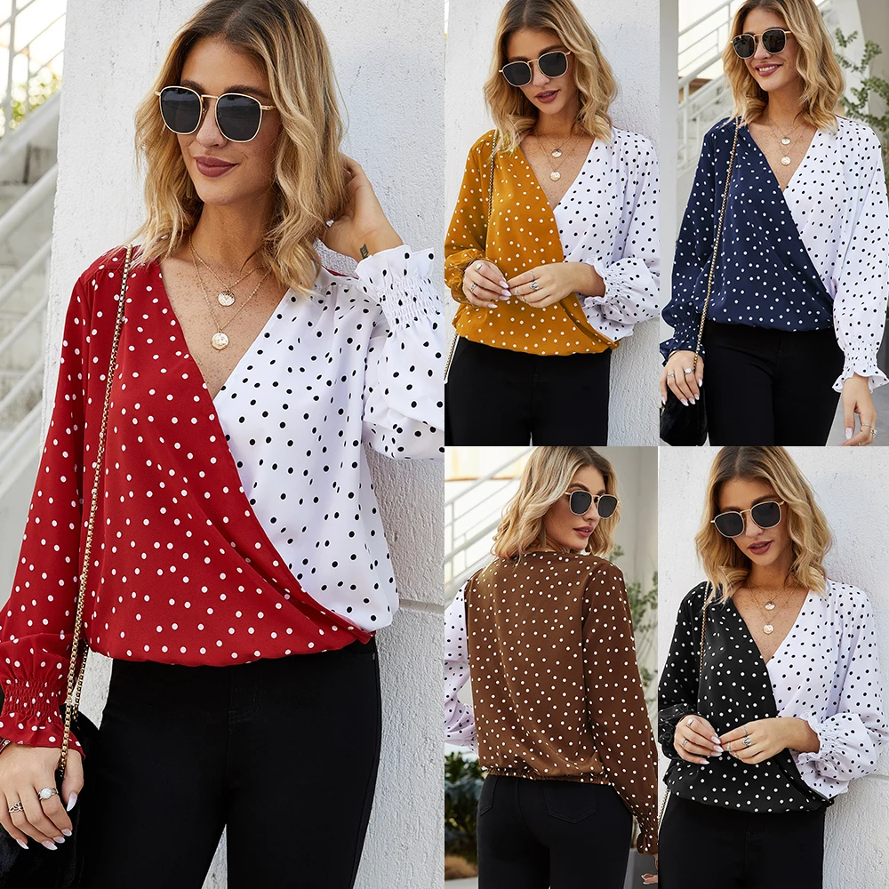 

Fashion Women Chiffon V-neck Long Sleeve Shirt Spring Tops Polka Dot Blusas Shirts Female Casual Blouse Ladies Clothes 2020