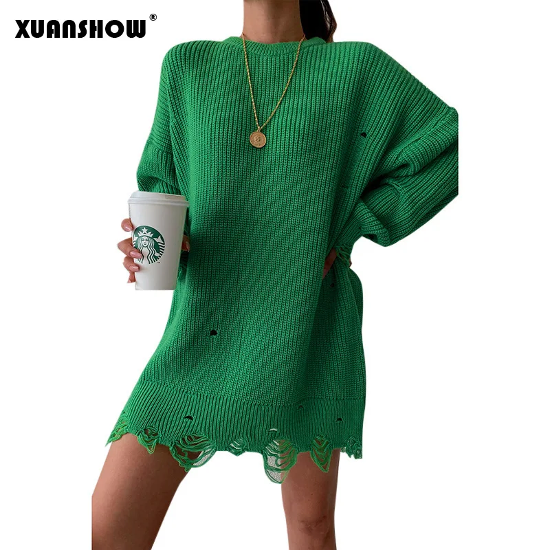 

XUANSHOW 2021 Fashion Cotton Sweater Women Y2k O Neck Holes Loose Long Style Solid Color Winter Clothes Tops Pull Femme