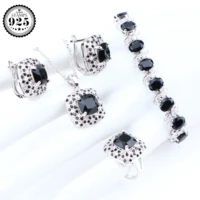 wedding silver 925 jewelry sets for women black zirconia earrings bracelets ring costume jewelry pendant necklace set gift box