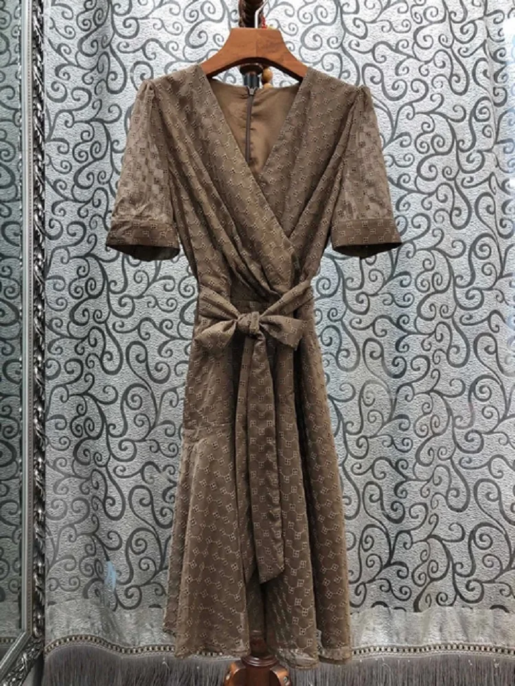 

High Quality New 2020 Summer Dress Women V-Neck Allover Exquisite Embroidery Bow Belt Deco Short Sleeve A-Line Silk Dress Casual